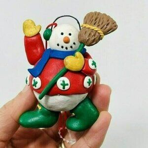 Christmas Ornament Snowman Figurine Chubby Clay Winter Outfit Broom Stand Shelf